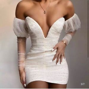 Off the shoulder white sparkling dress